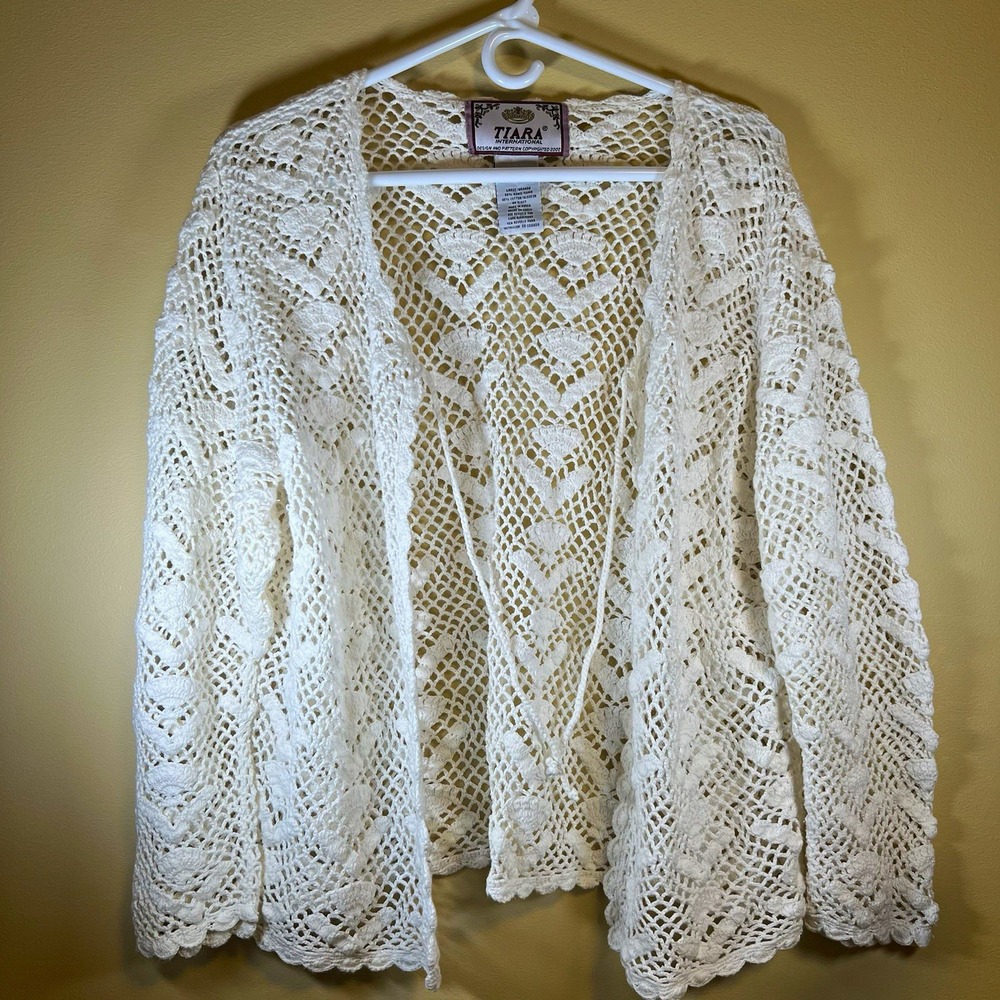 TIARA International Women's White Crochet Open-Knit Tie Front Cardigan Large